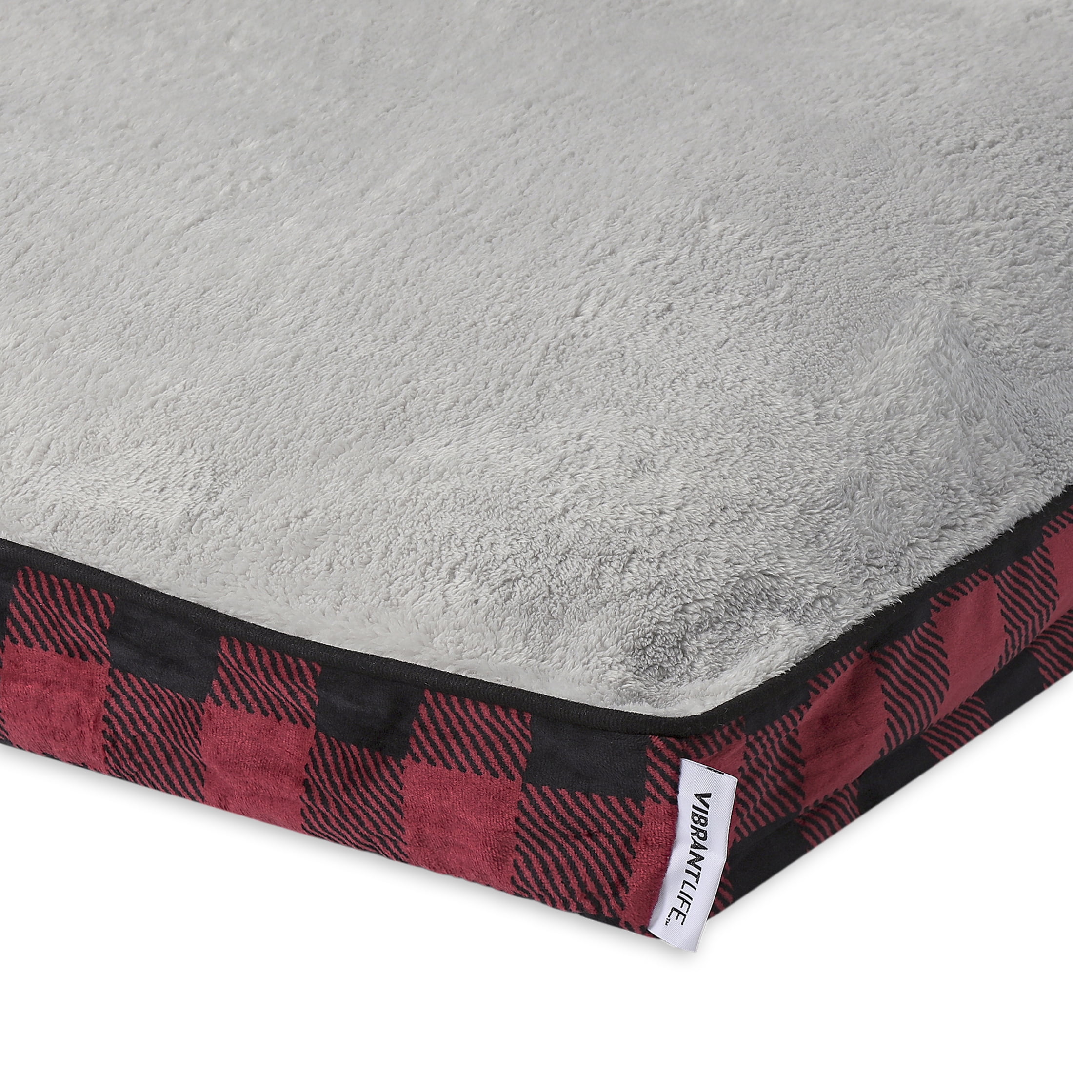 Vibrant Life Large Deluxe Gusset Pillow Pet Bed, Red and Black Plaid, 32" x 42"