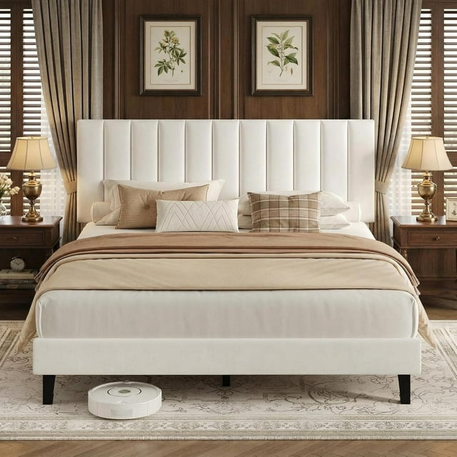 King Size Bed Frame, Velvet Upholstered Platform Bed with Adjustable Vertical Channel Tufted Headboard, No Box Spring Needed, Easy Assembly, White