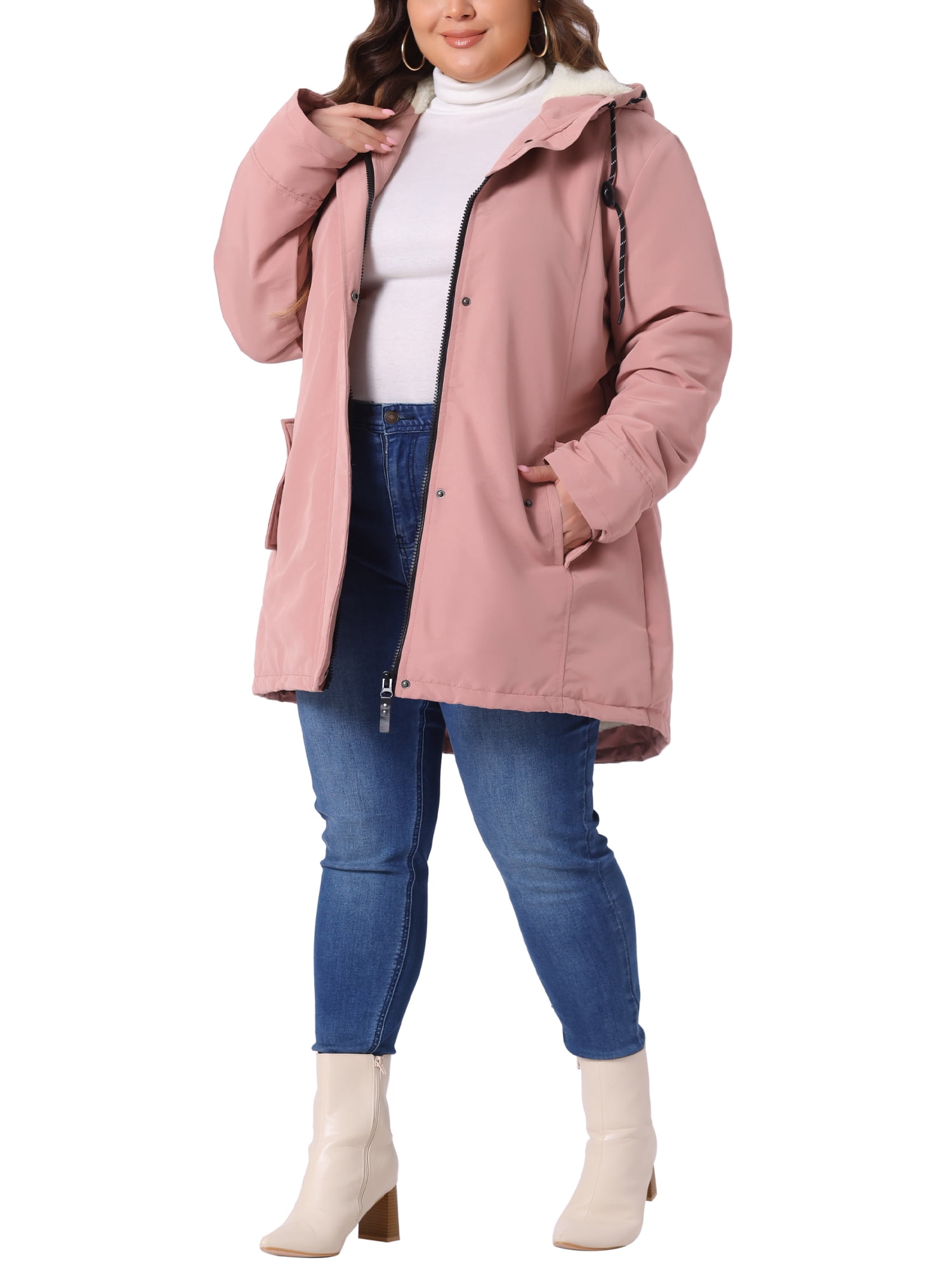DARING DIVA Women's Plus Size Faux Lamb Fur Leather Button Down Hoodie Coat 2X Pink