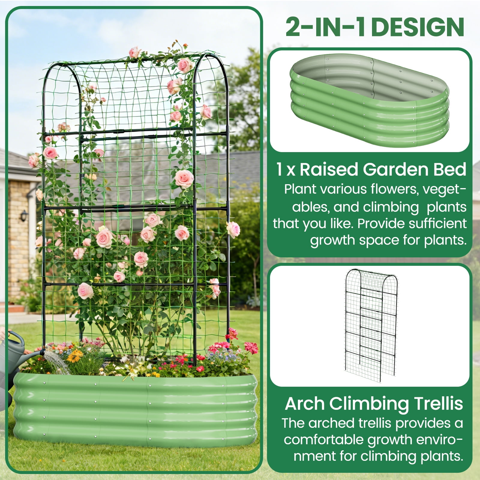 MOPHOTO 71inch Raised Garden Bed Arched Trellis Galvanized Planter Backyard Box Outdoor for Gardening,Climbing Vegetables,Plants,Flowers(Green)