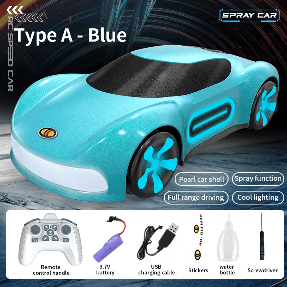Q206 New Energy Concept RC Car, Smart Spray Light Sports Car Toy with 3.7V 1200mAh Battery, 2.4G Remote Control , Music & LED Effects – For Adults