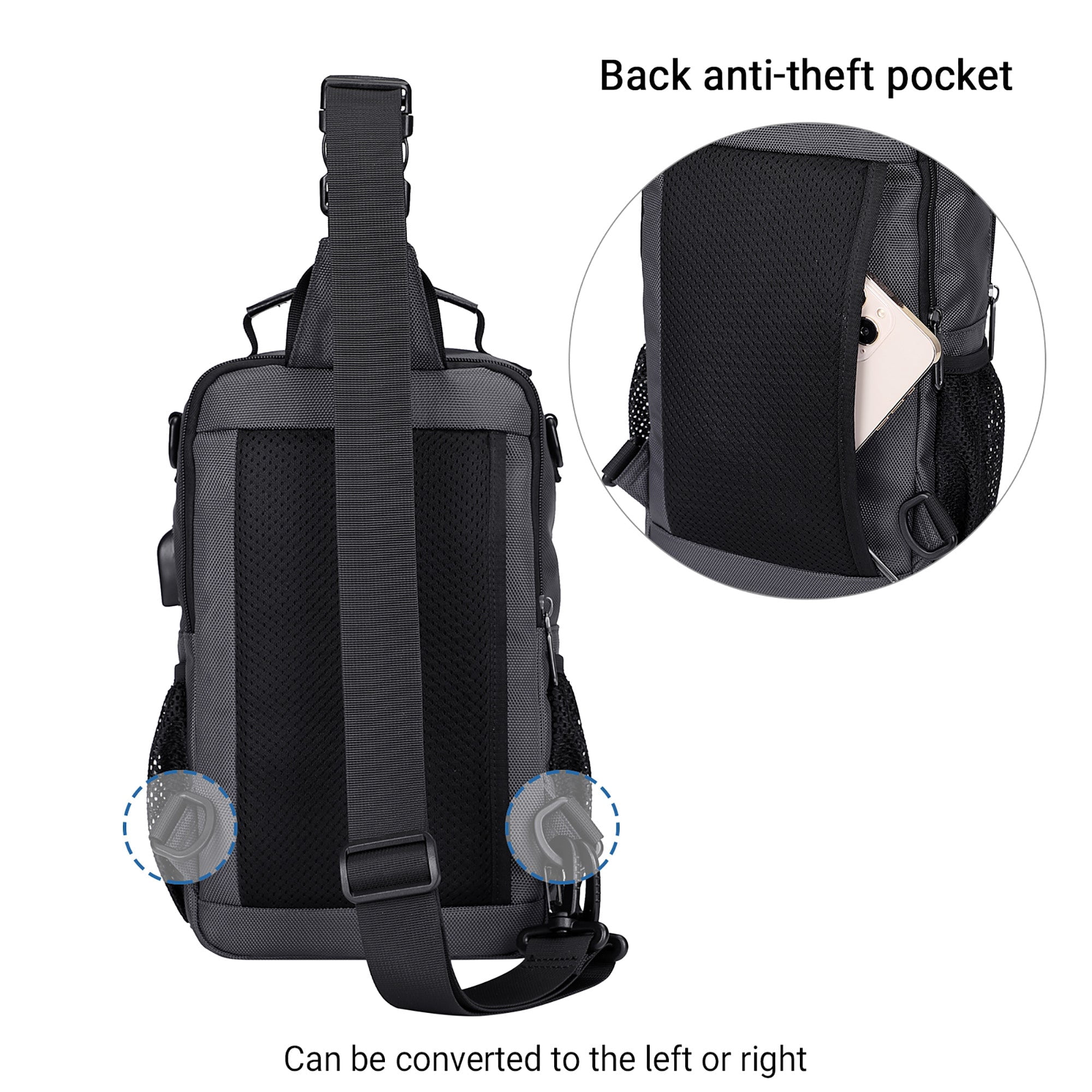 WITZMAN Sling Bag for Men Convertible Travel Sling Backpack USB Charging Port Lightweight Crossbody Bags Casual Daypack（B698 Silvery Grey）