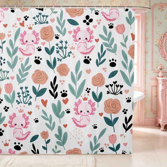 Manfei Kawaii Axolotl Shower Curtain 72Wx72L,Floral Animal Bathroom Curtain