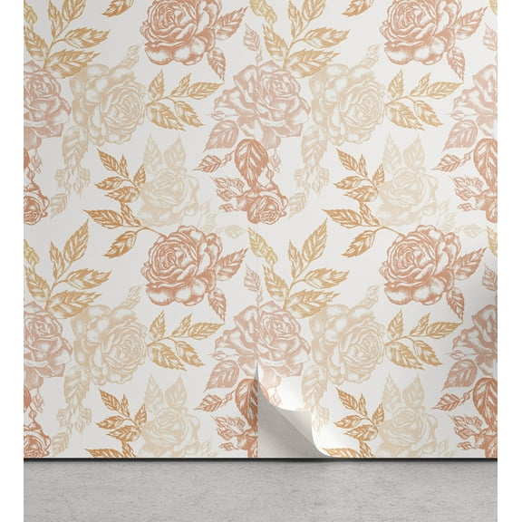 Ambesonne Vintage Rose Peel & Stick Wallpaper for Home, Peachy Tone Floral Art, 13"x72", Peach Pale Peach White