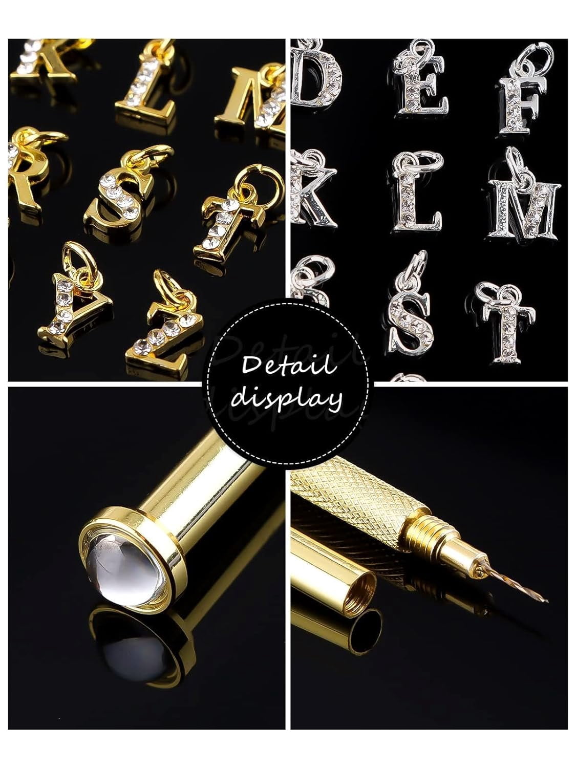 Letter Dangle Nail Charm for Valentine's Day, 3D Piercing Alphabet Rhinestone Alloy Jewelry Hoops with Nail Piercing Tool for Nail Art Decoration