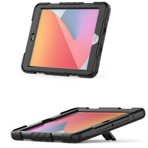 For Apple iPad 9th Gen 10.2 inch (2021) Heavy Duty Full Body Rugged Tablet Kickstand Case Cover - Black/Black