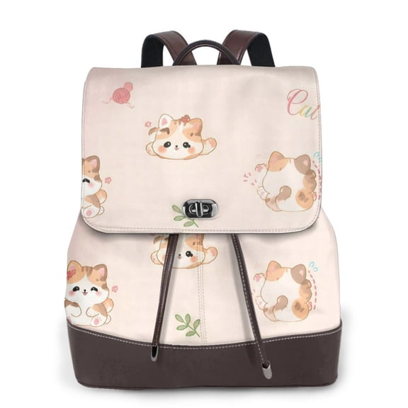 Cute Cat Plaid Women's Leather Backpack All-Over Print Bag for Work and Travel