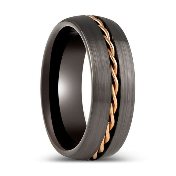 ROSIUM | Gunmetal Tungsten Ring, Rose Gold Rope Inlay, Domed