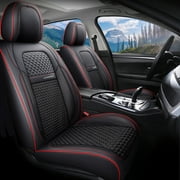 Coverado Car Seat Covers Red Trim, 5 Seats Breathable Faux Leather & Woven Fabric Seat Protectors Full Set, Universal Auto Cushions Fit Most Cars SUV Trucks