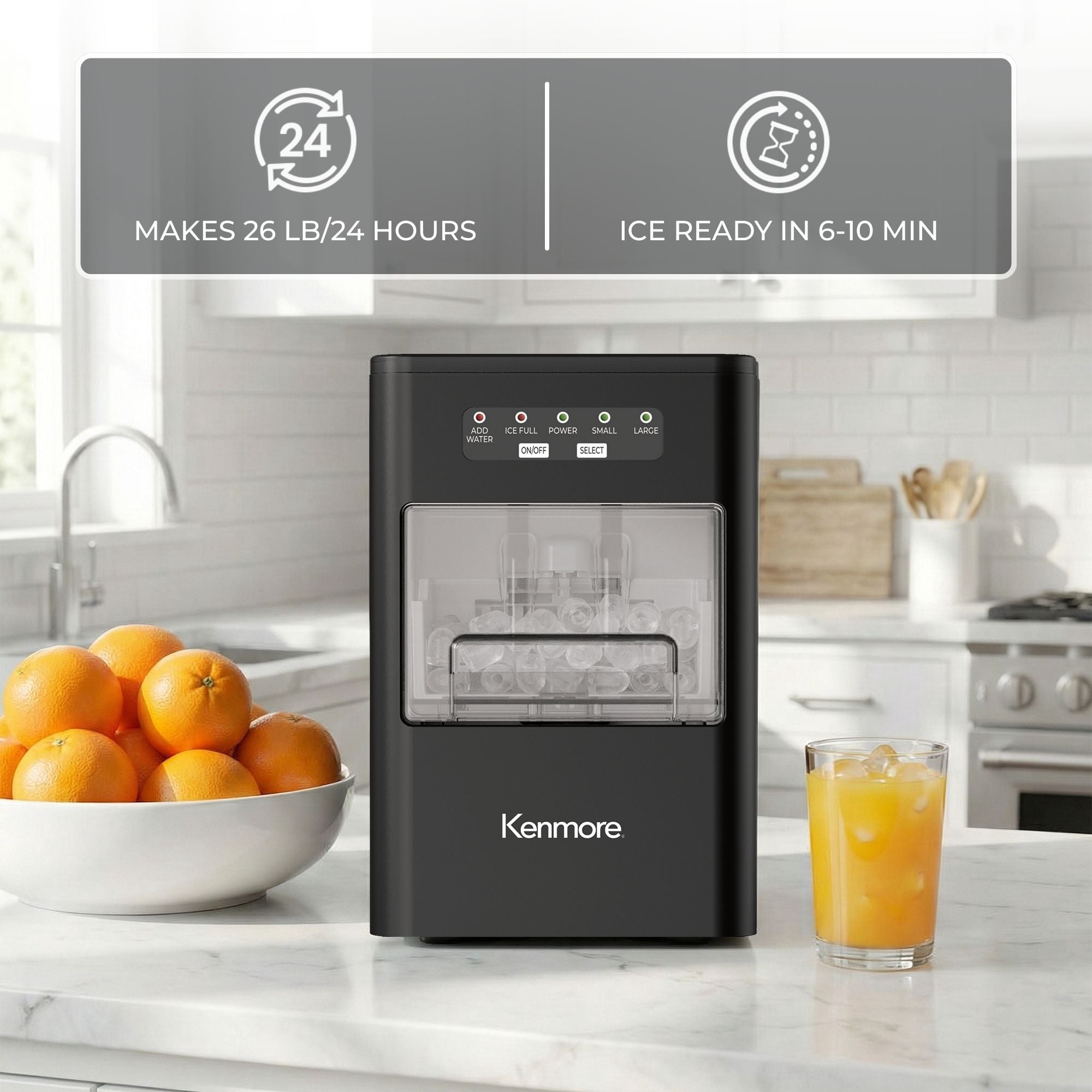 Kenmore Front-Load Countertop Bullet Ice Maker, Portable Ice Machine, 26 lb/Day Ice Cube Maker, Compact Self-Cleaning Ice Maker with Basket and Scoop for Home, Kitchen or RV