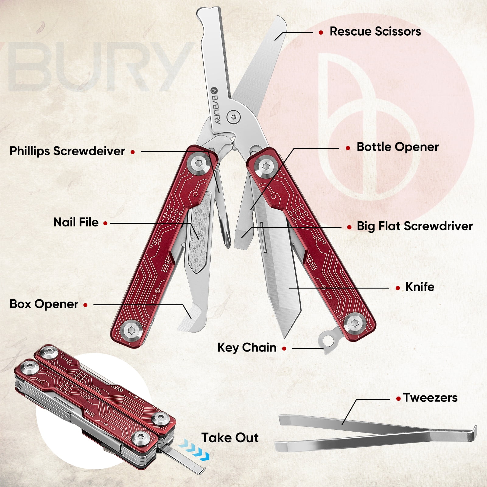 BIBURY Mini Keychain Multitool Scissors BI2061R, 9 in 1 Multitool EDC Scissors with Screwdriver, Bottle Opener, Pocket Knife, Spring -Mini Multi Tool for Outdoor, Daily Use, Gifts for Men and Women