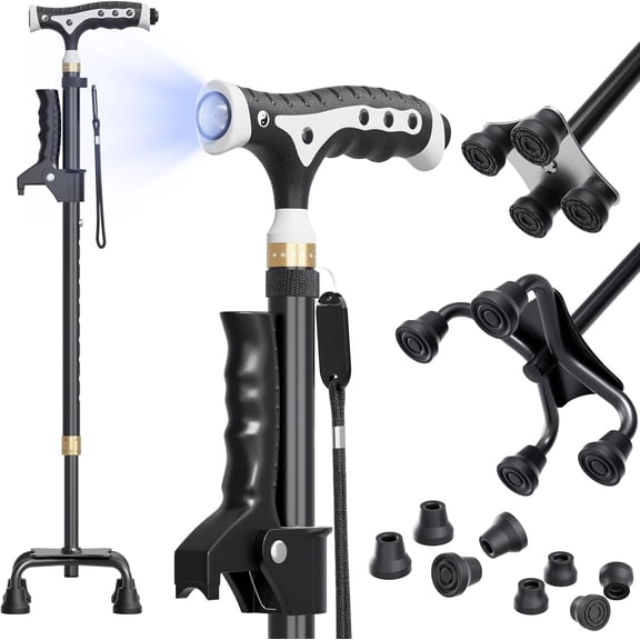 440 Lbs Adjustable Walking Cane for Men & Women with 4-Pronged Base for Extra Stability - Foldable Cane for Seniors with Foam Padded Offset Handle for Soft Grip & a Second Handle for Standing