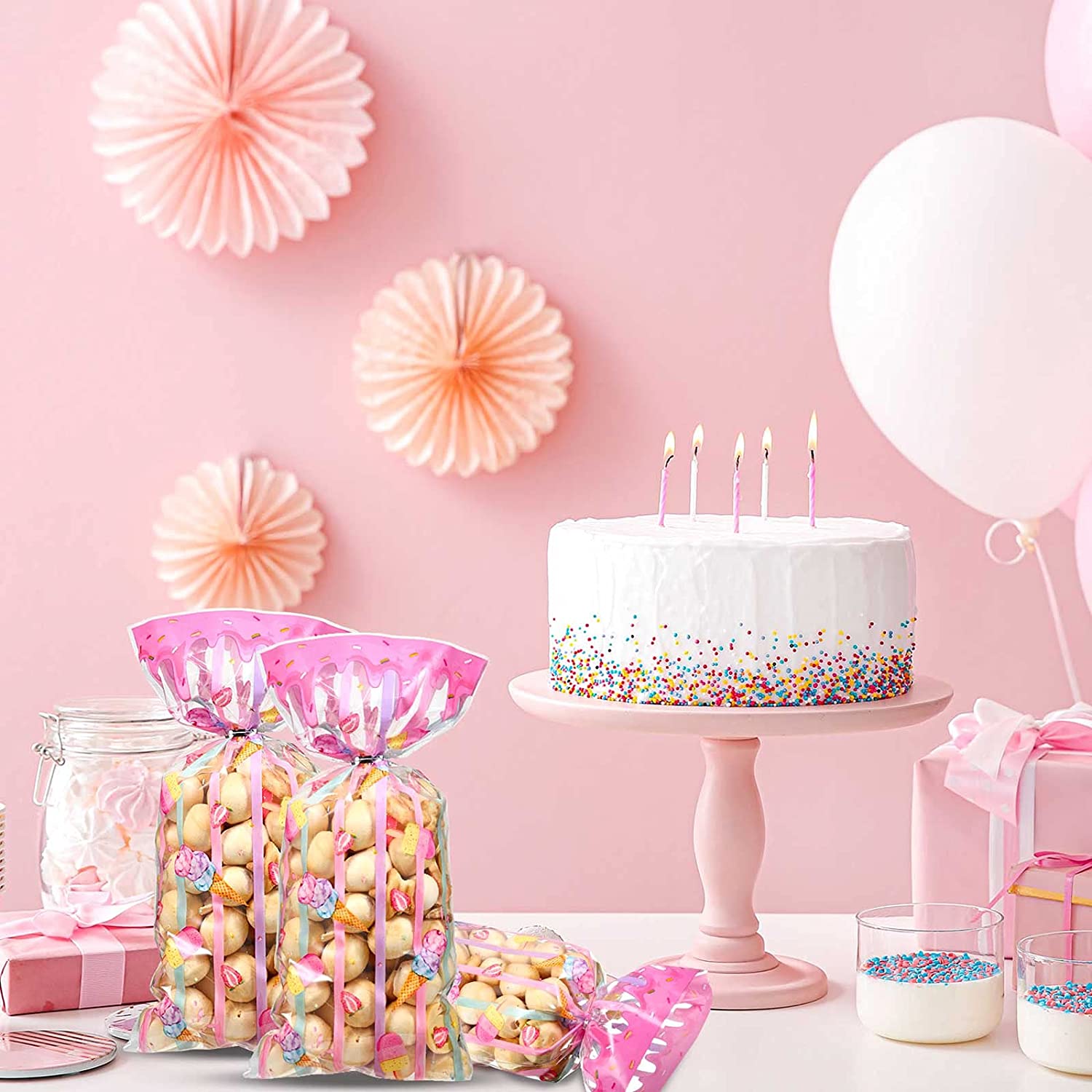100 Pieces Ice Cream Treat Bags Cello Clear Sweet Party Favors Plastic Candy Cellophane Bags with 100 Silver Twist Ties for Kids Sweet Birthday Decorations Supplies