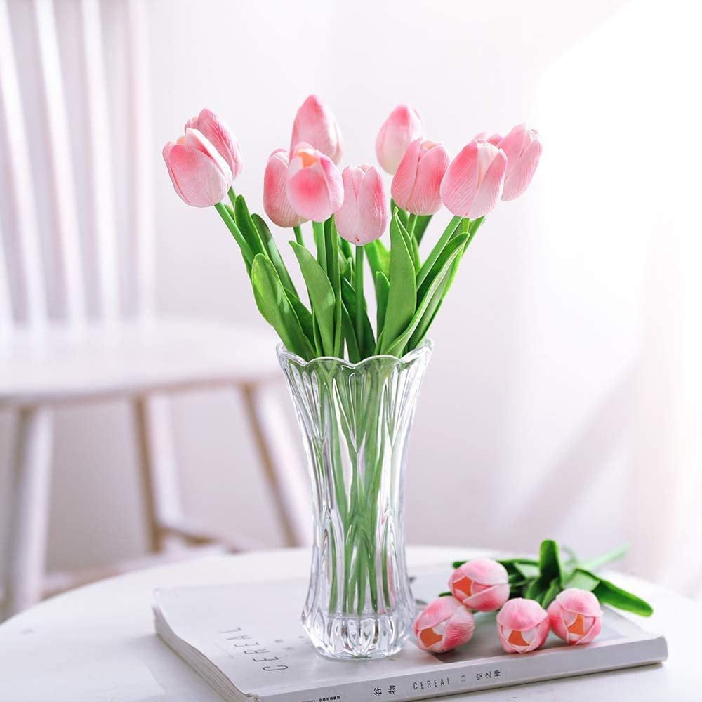 10pcs Latex Tulips Real Touch Pink Artificial Flowers Fake Tulips Arrangement Bouquet for Home Office Wedding Decor (Pink)