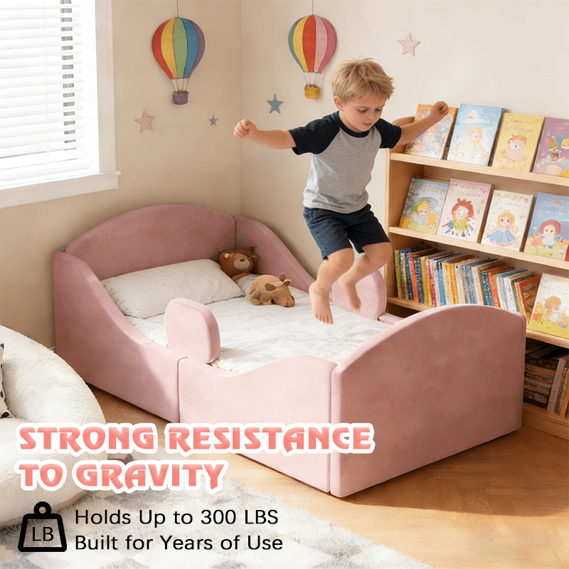Datingday Toddler Floor Bed with Removable Safety Rails – Ultra Soft Upholstered Low-Profile Kids Bed, Standard Crib Size (Fits 52" x 28" Mattress), Pink, for Easy Crib-to-Big-Kid Bed Transition