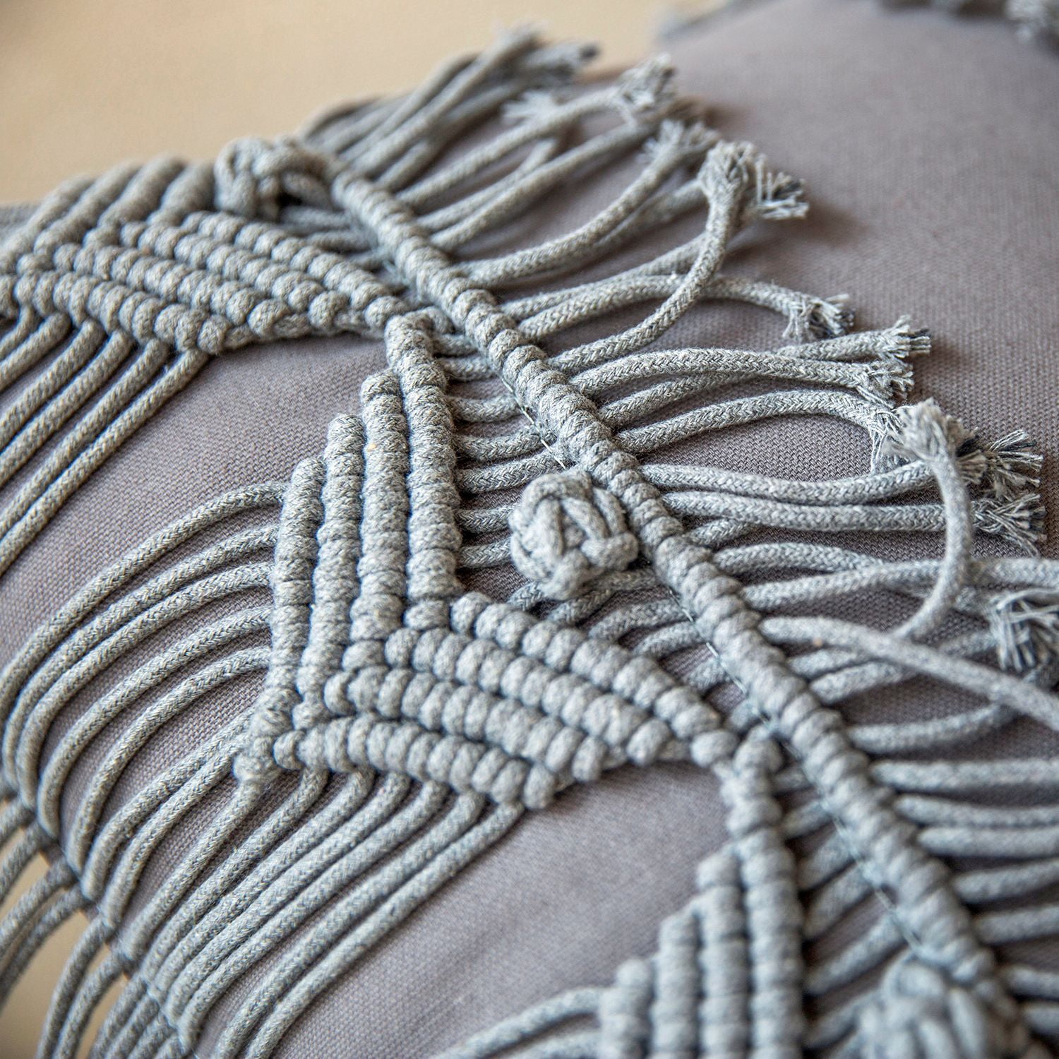 Phantoscope 100% Cotton Handmade Crochet Boho Throw Pillow with Tassels and Woven Knot Design, 18 x 18 in Square Cushion, Light Gray, 1 Pack