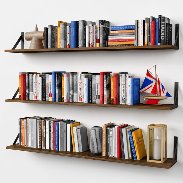 Juego de 3 estantes flotantes para pared de 48 pulgadas estantería grande de pared de madera para libros estantería colgante de madera rústica