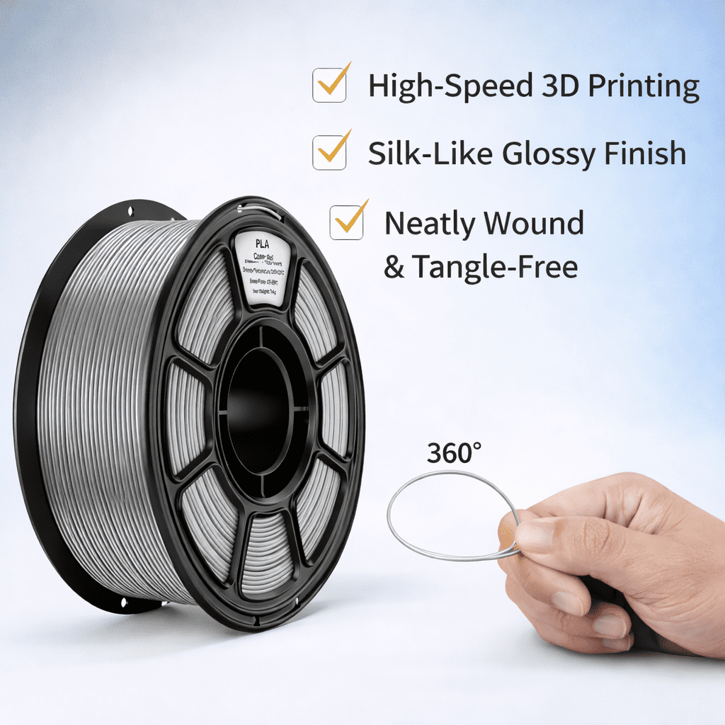 Silk PLA 3D Printer Filament, 3D Printer Filament Bundle 1.1KG 1.75mm, High-speed Printing, Neatly Arranged Lines, for Most FDM 3D Printer Bright Silver