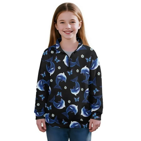 Uourmeti Dolphin Butterfly Youth Girls Lightweight Hoodies Half Zip Sweatshirt Pullover Sweatshirts Comfy Casual for Spring Summer Evenings Size 5-6