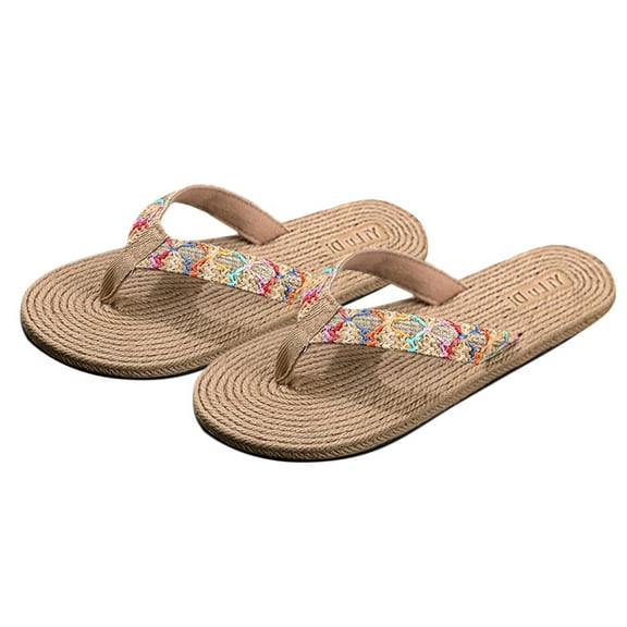 1 Pair Summer Flat Bottom Slippers Outdoor Beach -flops Simulated Straw Woven Slippers Stylish Seaside Cooling Shoes for Women (Beige Size 36 5.5US,3UK, 36EU,8.8425Inch)