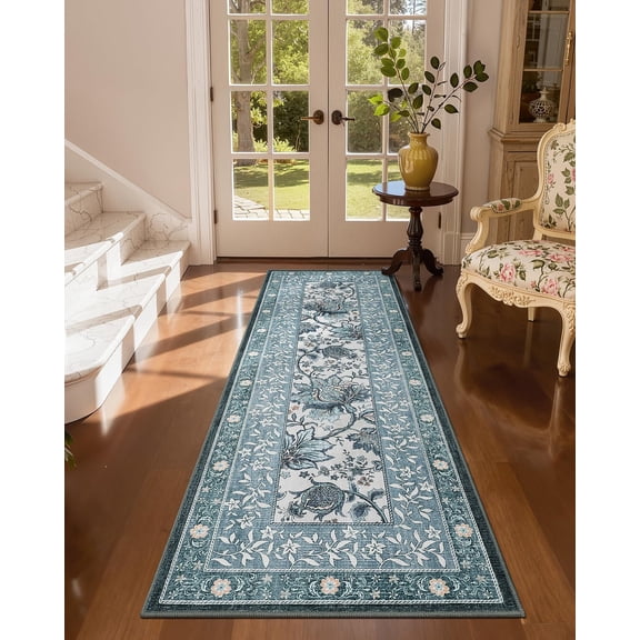 2x6 Runner Rug Washable Non Slip Kitchen Rug Vintage Boho Misty Blue