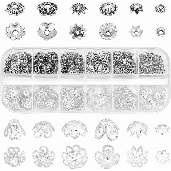 PH 261pcs Flower Bead Caps Metal Spacers Beads Caps Hollow Flower Bead End Caps Solid Bead Cap Bails for Bracelet Necklace Earrings Jewelry Making Silver Silver Colorful DIY