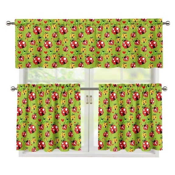 Yuyamidu Ladybug Kitchen Curtain Valance and Tiers 3 Panel Set Easy to Install Short Tier Curtains with Rod Pocket Soft Window Treatment Tiers for Living Room Bathroom