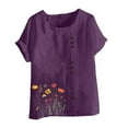 thumbnail image 4 of QUNYINEY Crew Neck Women's T-Shirts Casual Dandelion Short Sleeve Tops Cotton Linen Button Loose Pullover Shirts, 4 of 4
