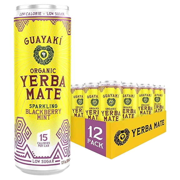 Guayaki Yerba Mate, Organic Sparkling Clean Energy Drink, Blackberry Mint, 12 Ounce Cans (Pack of 12), Low Sugar with 15 Calories Per Can, 80mg Caffeine