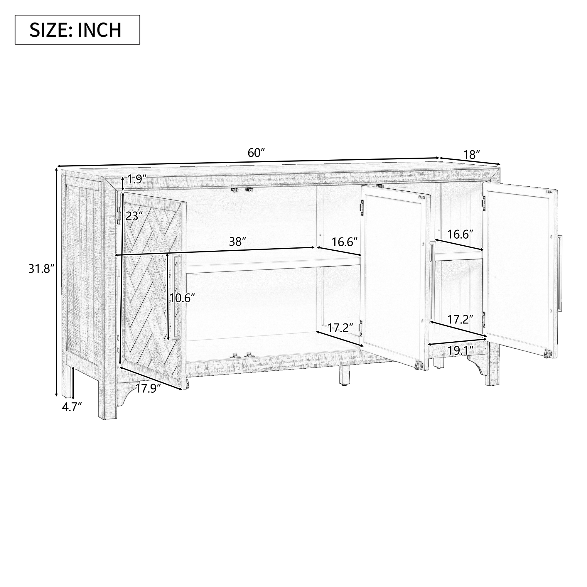Lunale 60" Storage Sideboard Cabinet, Accent Cabinet with MDF+Pine Veneer, Adjustable Shelves for Kitchen, Living Room, Light Brown