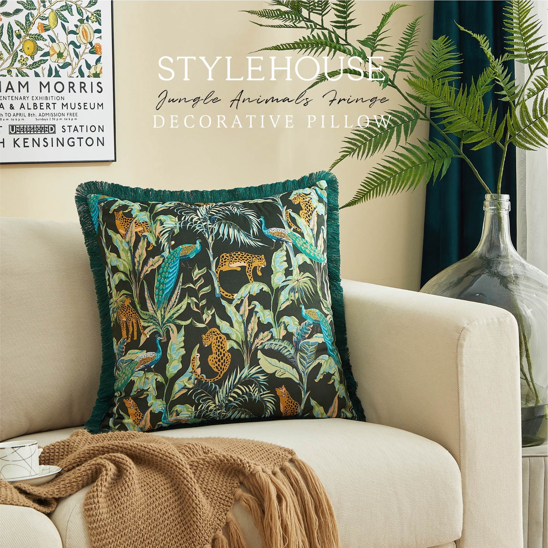 Stylehouse 20" x 20" Jungle Animals Fringe Decorative Pillow