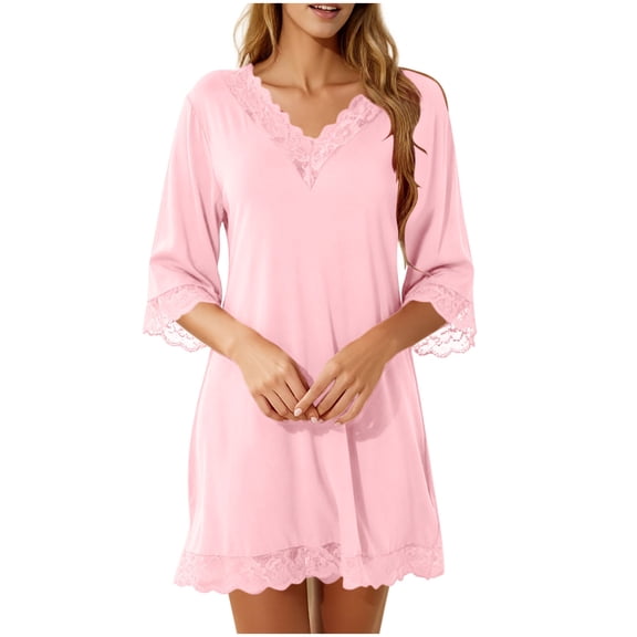 Levmjia Womens Three Quarter Sleeve Nightgown V Neck Lace Trim Solid Color Ruffle Hem Loose Mini Dress Home Sleep Casual Elegant Comfortable All Night Bedroom Rest Leisure