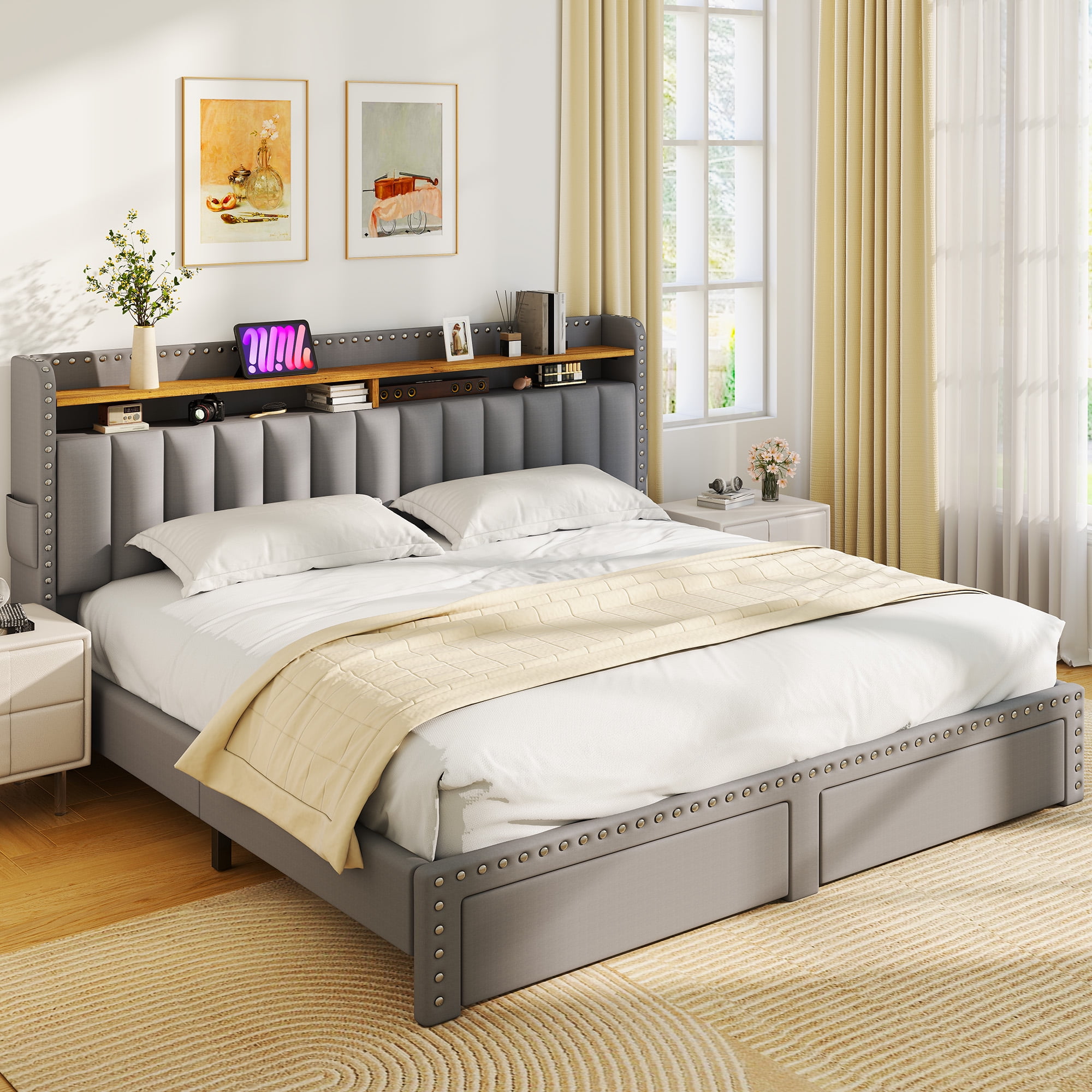 Romorgniz King Size Bed Frame with 2 Storage Drawers and 2-Tier Storage Shelf Upholstered Bed Frame with Headboard Platform Bed Frame Noise-Free No Box Spring Needed,Grey