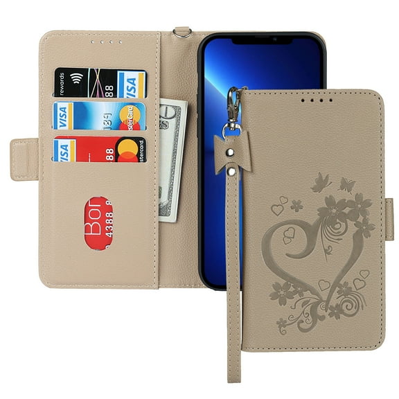 TECH CIRCLE for iPhone 13 Mini 5.4 Inch Wallet Case with Wrist Strap, Card Holder Flip Cover Embossed Clover Flower PU Leather Magnetic Kickstand with Hand Strap Case Cover,Gold