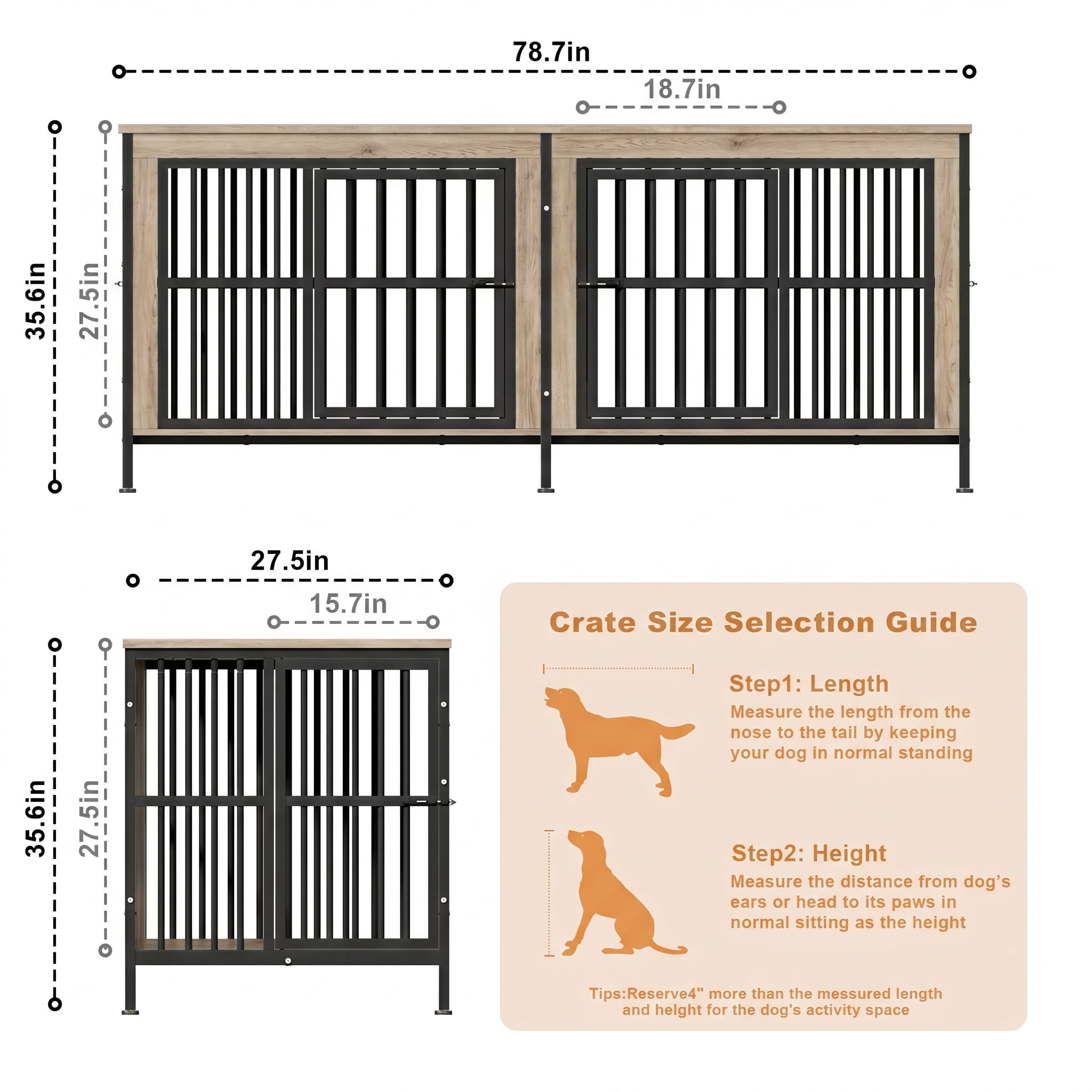 Ironovahome 78" Dog Crate Furniture for 2 Large Dogs with Sturdy Removable Divider and Double Doors, XXL Extra Large Indoor Dog Kennel, Thick Heavy Duty Wooden Dog Cage, Ivory