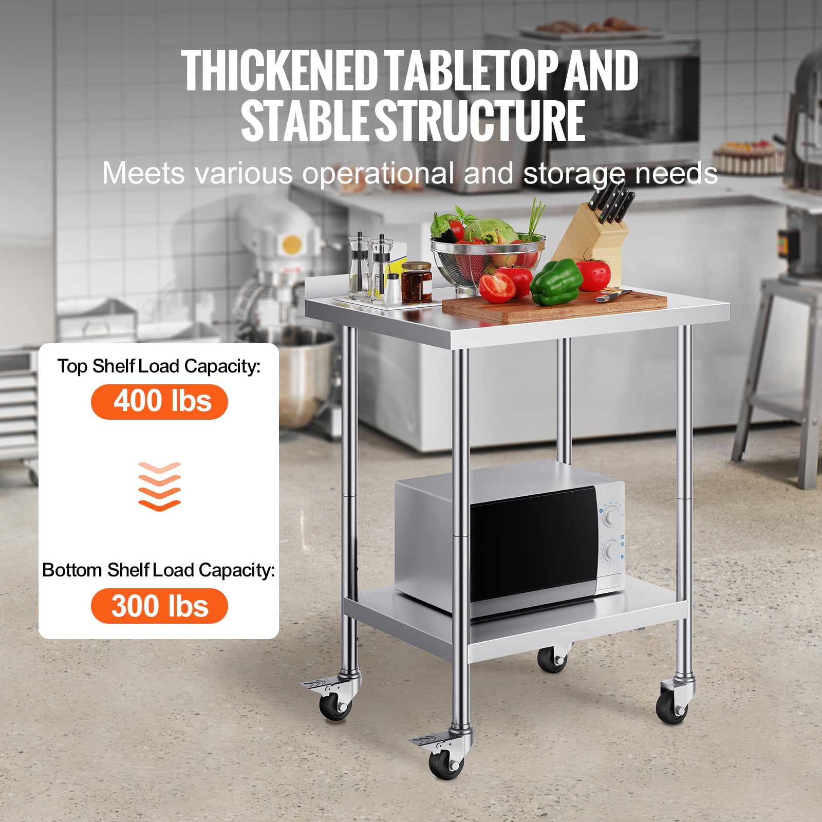KFFKFF 24x30x40-Inch Metal Prep Table, Stainless Steel, with Wheels, Adjustable Height, Durable for Restaurant, Home, Hotel Use