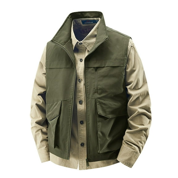 Zedker Men Couples Zip Outdoor Winter Warm Sport Vest Sleeveless Pockets Jacket Coat with Pockets Army Green L