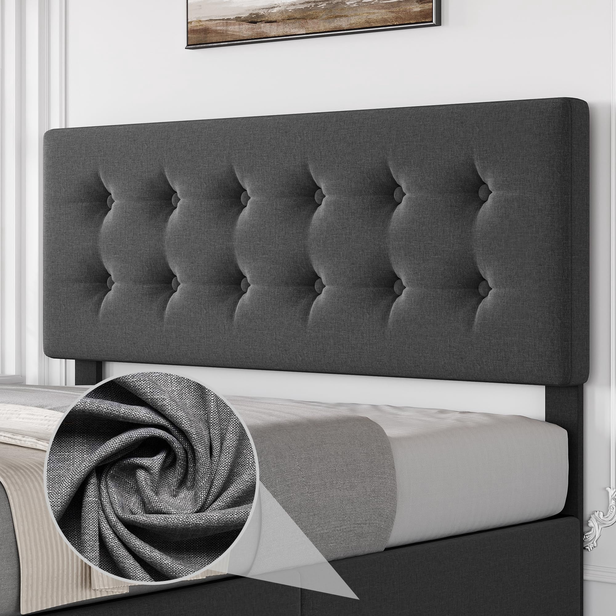 Maritcute Full Size Bed Frame with 4 Storage Drawers and Adjustable Headboard, Upholstered Mattress Foundation with Skin-Frienly Linen, No Box Spring Needed, Light Grey
