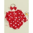 thumbnail image 3 of Bagilaanoe Newborn Baby Girl Rompers Heart Print Long Sleeve Bodysuit + Headband 3M 6M 12M 18M Infant Ruffle One Piece Jumpsuit, 3 of 9