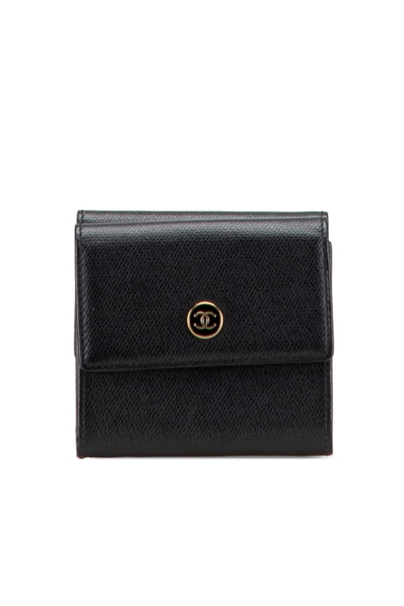 Pre-Owned CHANEL Coco Button Tri-fold Wallet Black Leather Women's