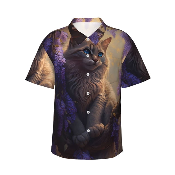 Fotbe Purple Flower Lazy Cat Camisa Hawaiana para Hombre Unisex – Camisa Casual de Verano con Botones de Manga Corta de Algodón y Lino,XX-Large