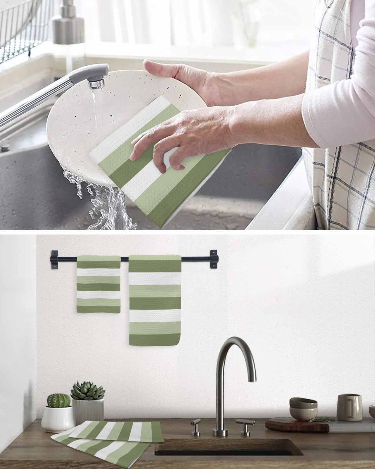 Sage Green White Striped Dish Towels Set, Waffle Weave Kitchen Towels 3 Pieces, Farmhouse Stripes Microfiber Hair Face Bath Tea Towel Absorbent Quick Drying Cleaning Dish Cloths, 12"x12"