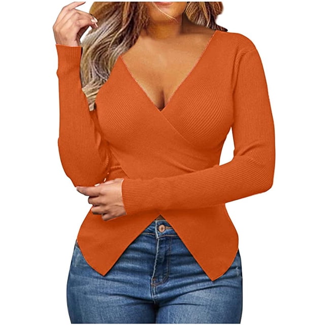 KIHOUT Spring Winter Womens Tops Fashion Solid Color Long Sleeve Breathable V-Neck Shirt Blouse Tops
