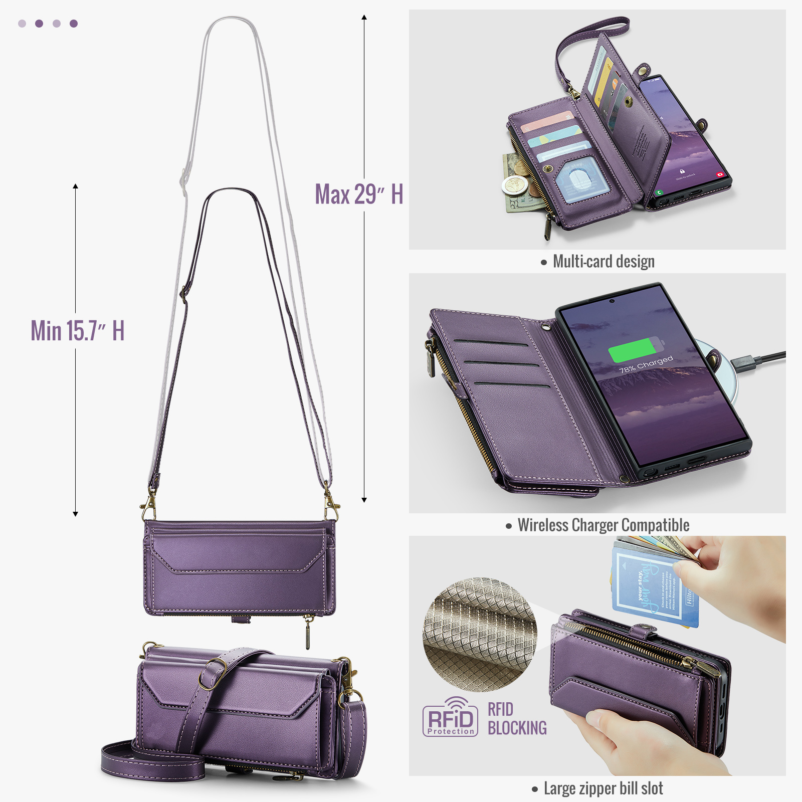 Compatible with Samsung Galaxy S25 Ultra 5G Zipper Wallet Phone Case Tempered Glass Screen Protector Crossbody Lanyard Strap Flip Card Holder Slot Cell Cover for S25Ultra 25S S 25 Women Girls Purple