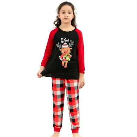 

Amuver Christmas Family Matching Pajamas Set Long Sleeve Cartoon Reindeer Print T-shirt with Plaid Pants