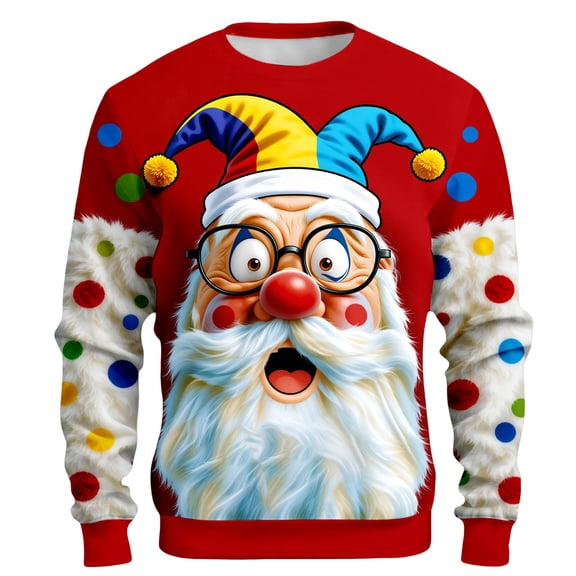Telankuip Christmas Sweatshirts for Men 2025 Funny Santa Claus 3D Printed Sweatshirt Crewneck Hoodless Xmas Holiday Long Sleeve Pullover Tops for Winter Red3 XL