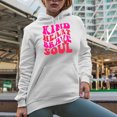 thumbnail image 2 of Kind Heart, Brave Soul Quote, Groovy Retro Wavy Text Merch Gift, White Hooded Sweatshirt or Hoodie, 3XL, 2 of 5