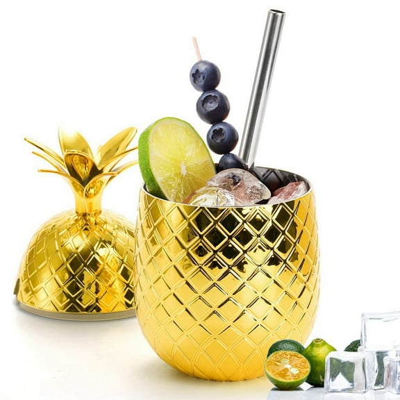 2 Pack Pineapples Drink Cups, 450Ml Gold Pineapples with Stretched Straw, Hawaiian Luau Cups