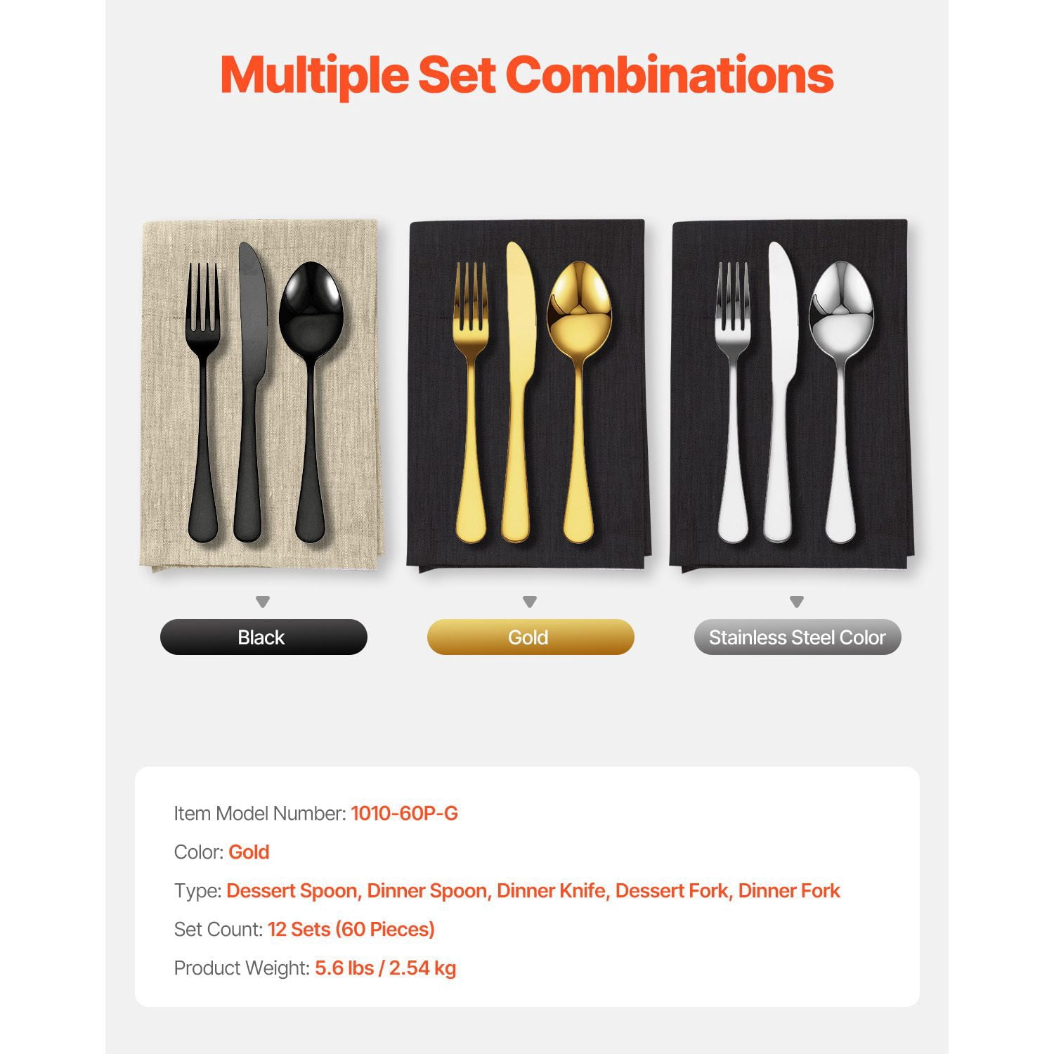 60-Piece Flatware Set, 18/0 Stainless Steel, Includes 12 Each of Dinner Forks, Dinner Spoons, Dinner Knives, Dessert Forks & Dessert Spoons, Dishwasher Safe, Modern Design