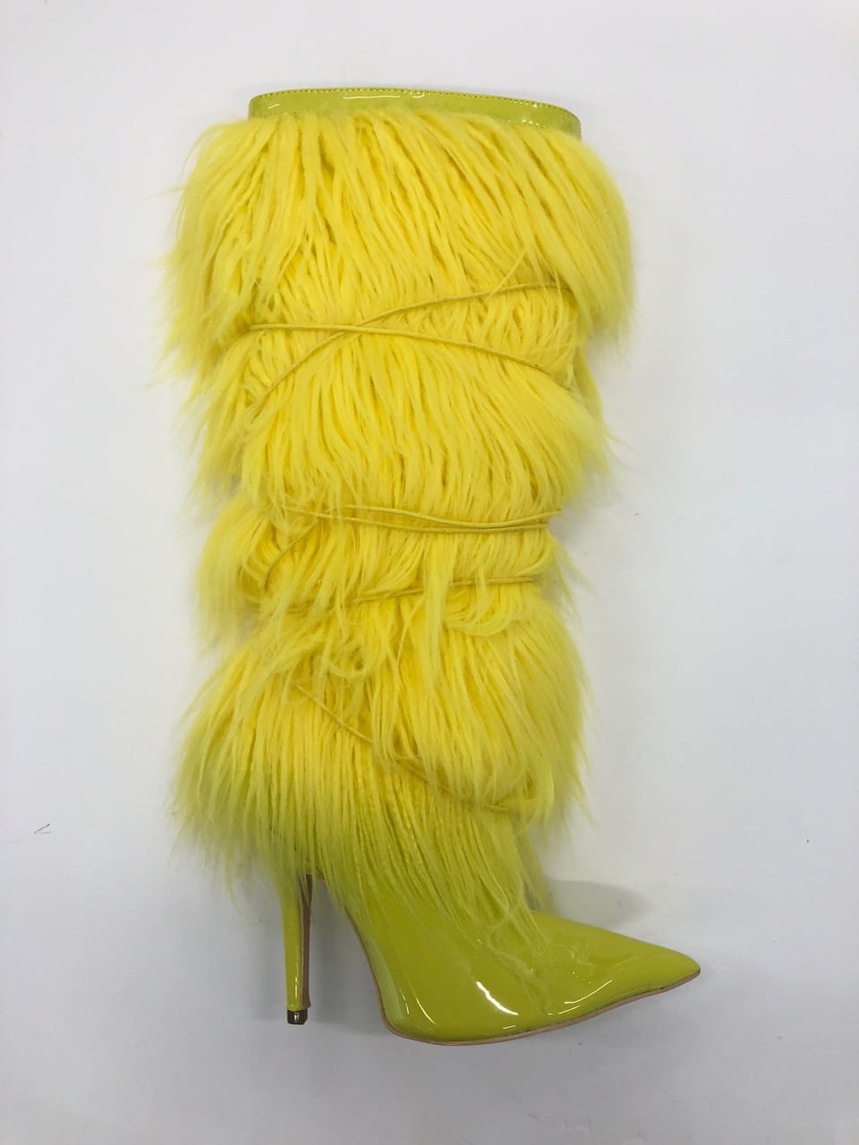 Cape Robbin Skin Deep Yellow Patent Knee High Feather Fur Dress Boot ...